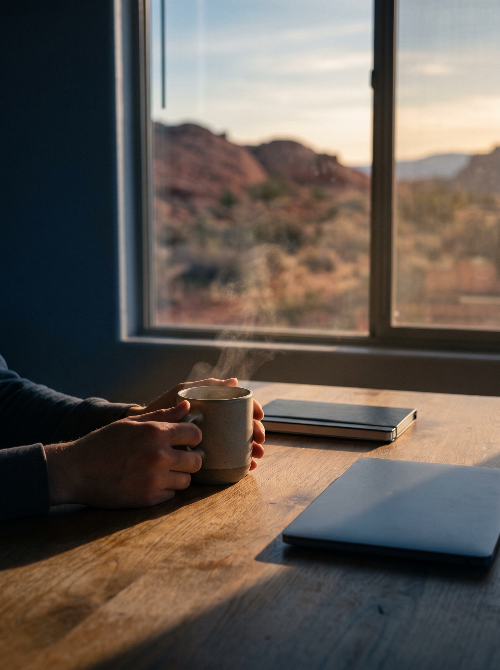 Anonymous hands holding a steaming cup at a wooden desk at first light, laptop closed, red hills outside